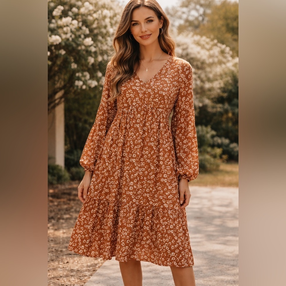 PEACH LOVE California Womens Floral Midi Dress Size S Cottagecore Boho Chic - Picture 1 of 6